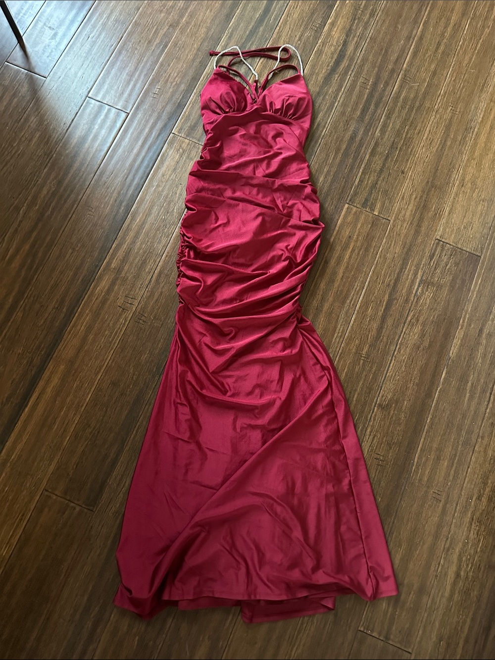 Crystal Doll Deep Red Ruched Satin Maxi Dress with Strappy Back